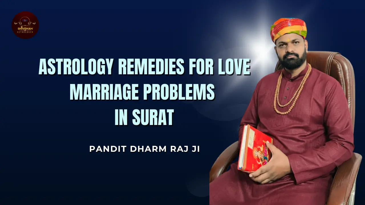 Astrology remedies for love marriage problems in Surat with kundali and Venus–Mars symbols.