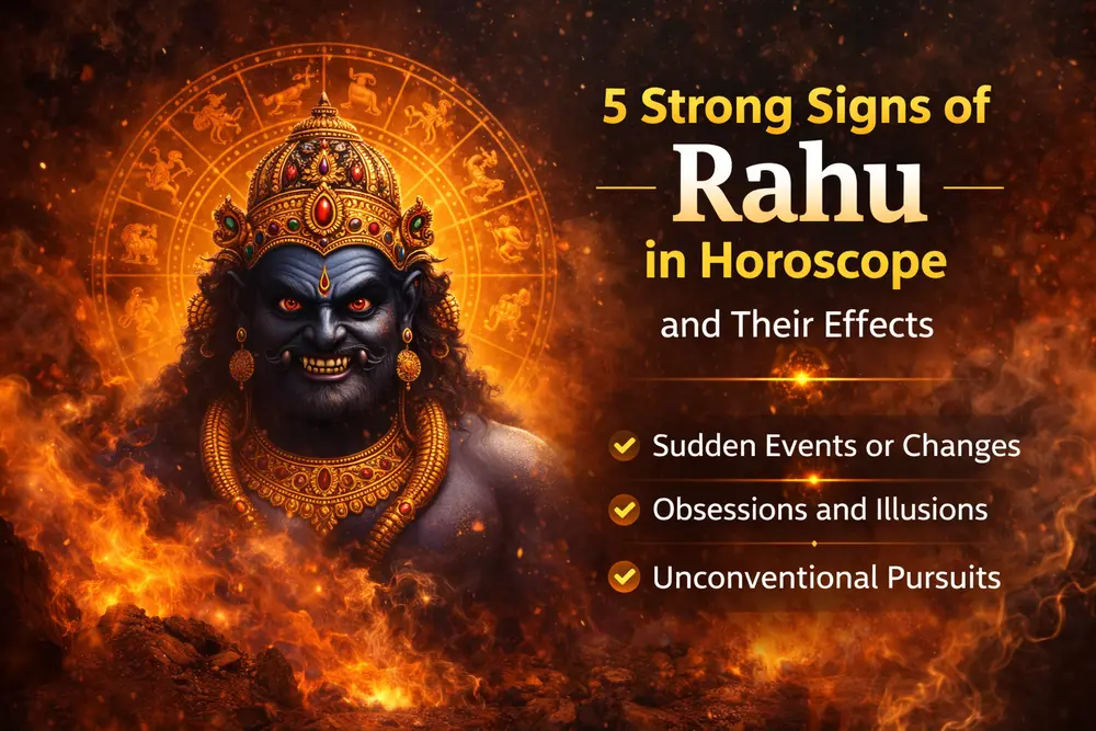 Illustration showing strong Rahu in horoscope and its effects in Vedic astrology including fame, foreign opportunities, and sudden success.