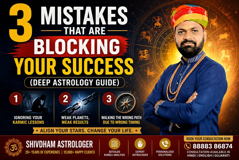 Pandit Dharm Raj explaining the 3 biggest astrology mistakes that block success, career growth, wealth, and happiness through Vedic astrology guidance.