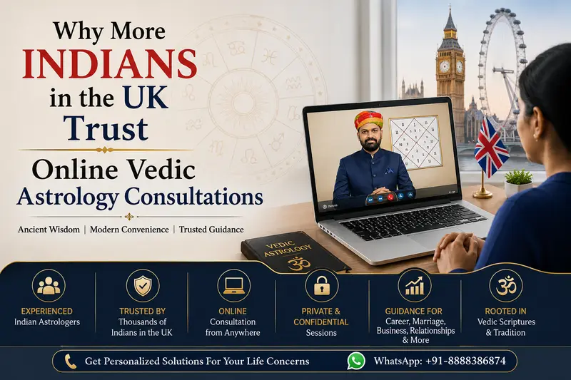 Indian family in the UK attending an online Vedic astrology consultation with Pandit Dharm Raj for personalized Kundli reading, career, marriage, and relationship guidance.