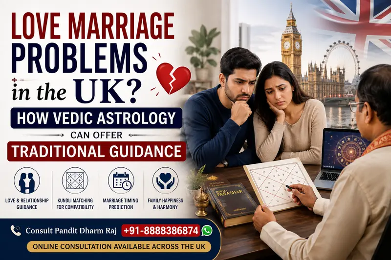 Indian couple in the UK receiving an online Vedic astrology consultation for love marriage compatibility and personalized Kundli guidance by Pandit Dharm Raj.