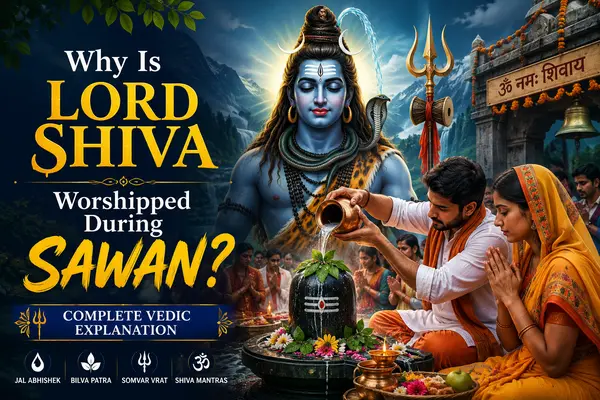 Lord Shiva being worshipped during the holy month of Sawan with devotees performing Jal Abhishek and offering Bilva leaves.