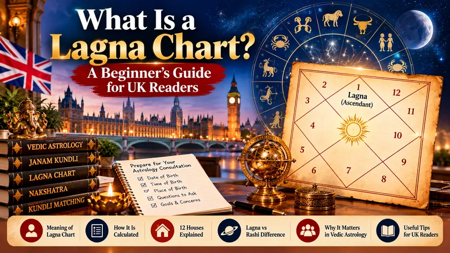 Vedic astrology Lagna chart showing the Ascendant and twelve houses for beginners in the UK Copy Alt Text