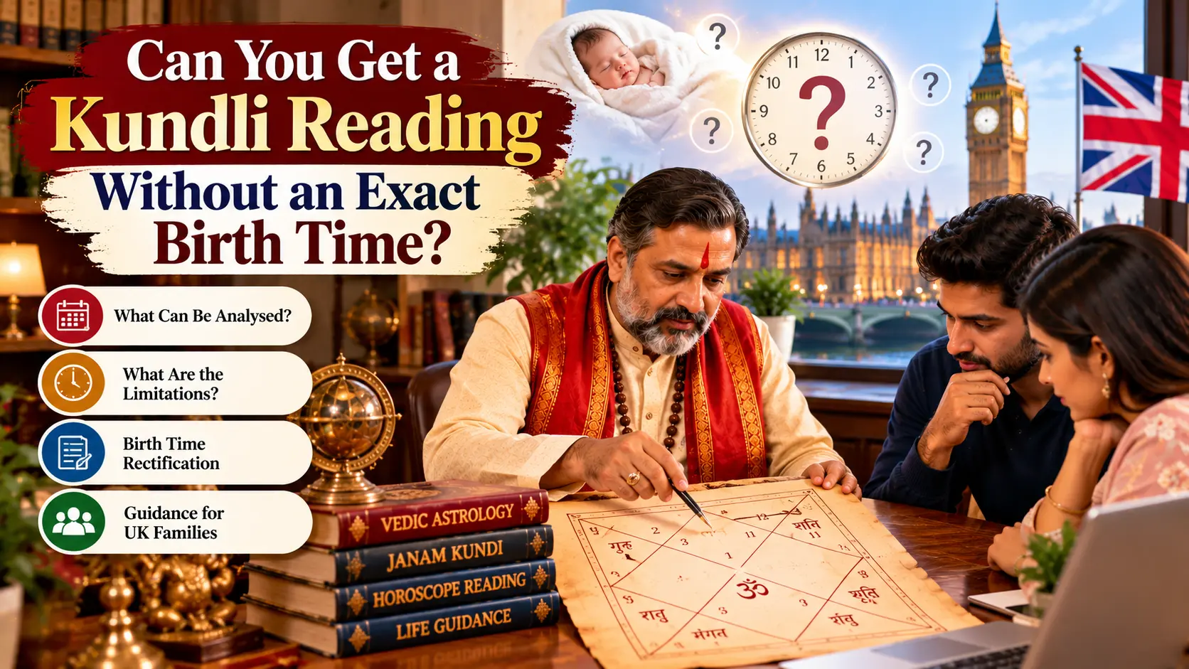 Vedic astrologer explaining a Kundli birth chart without an exact birth time