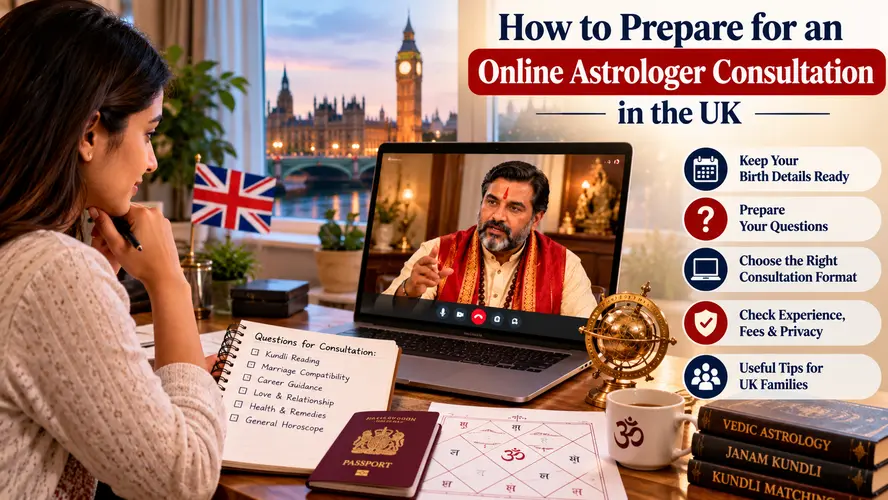 Indian client preparing for an online Vedic astrologer consultation in the UK with birth details and a Kundli chart