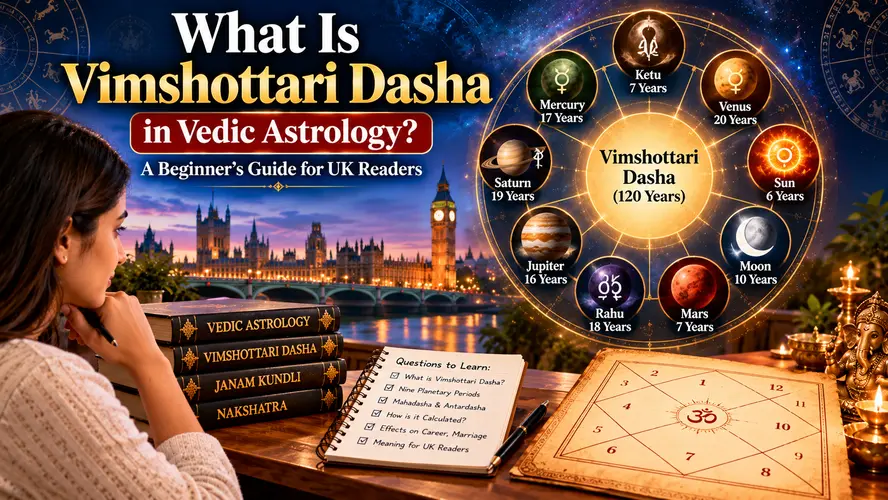 Vimshottari Dasha chart illustrating the nine planetary periods in traditional Vedic astrology for UK readers